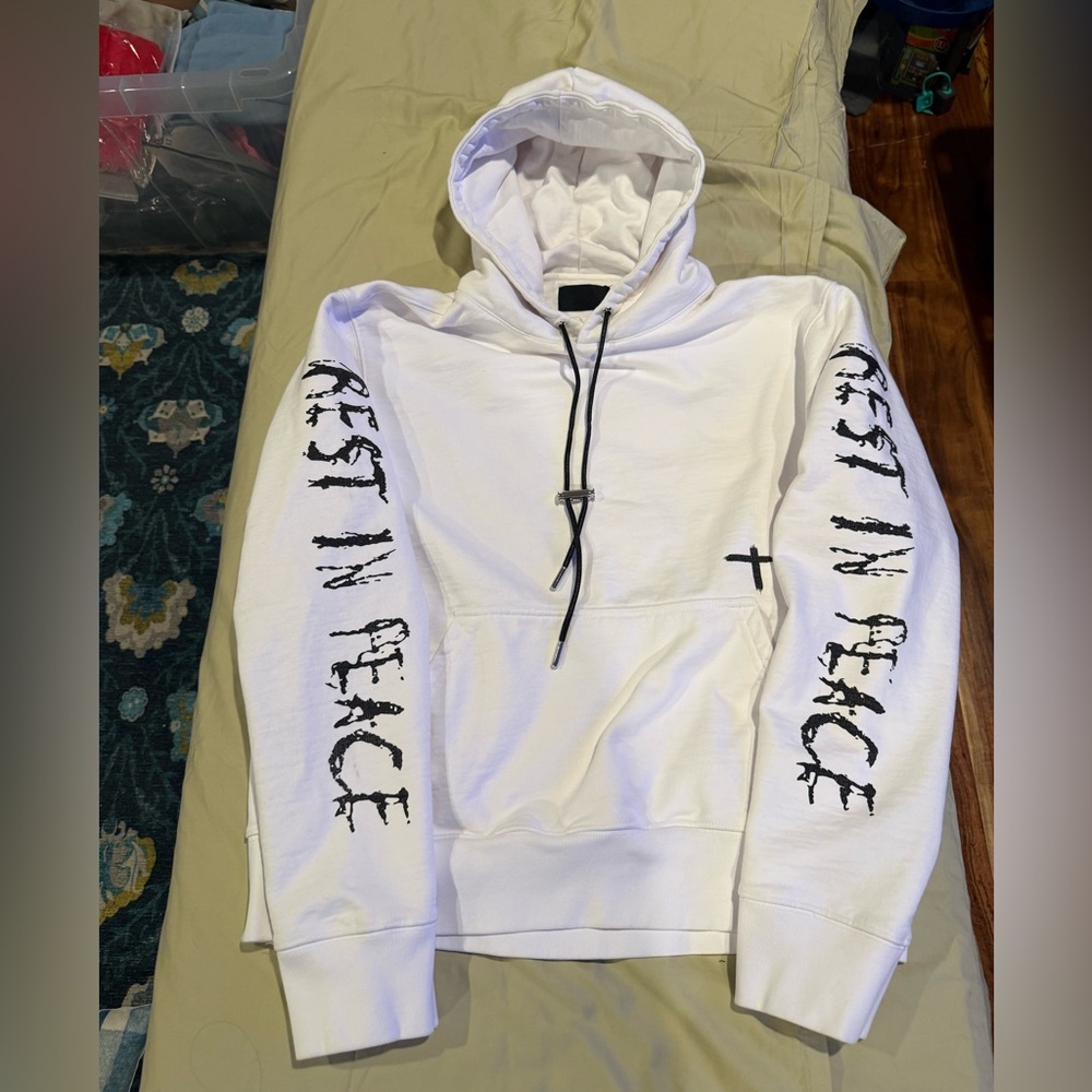 RTA White Graphic Sleeve Hoodie Black Logo Streetwear - Size M - EUC